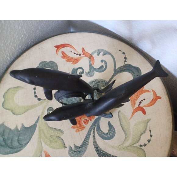 Vintage Dancing Dolphins Bronze Wave Base MCM Sculpture Patina Swimming Dolphins - Picture 11 of 12